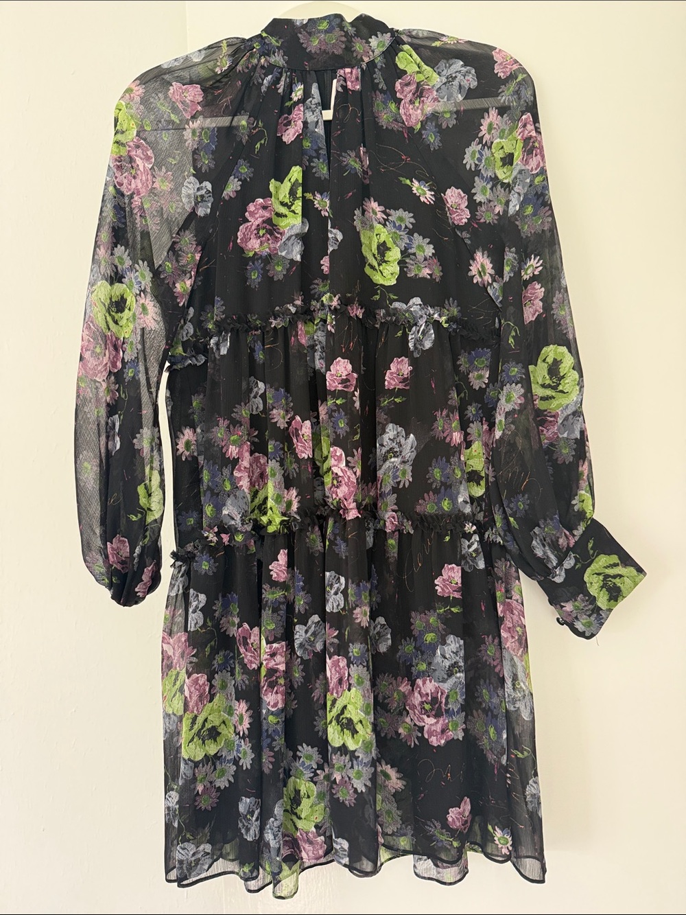 Black Floral Tiered Sheer Dress with Pink & Lime Green Flowers